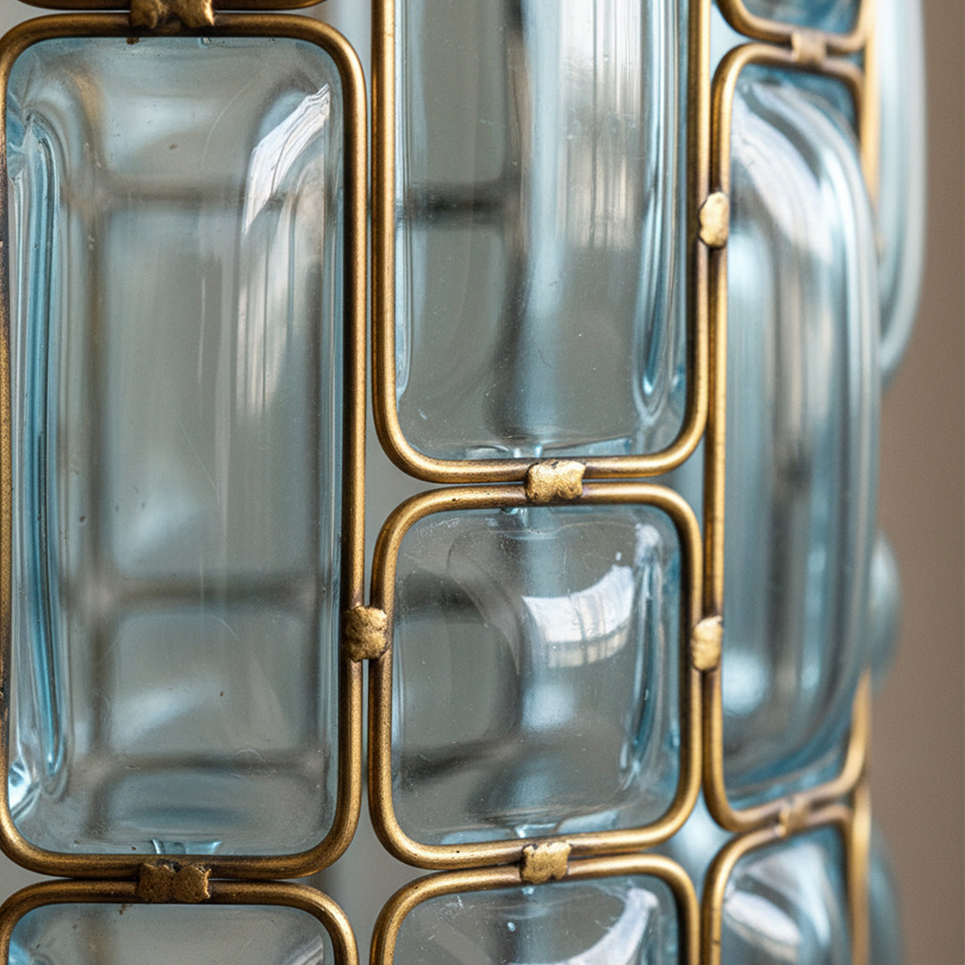 Blue European Glass Flower Vase with Gold Metal Pattern