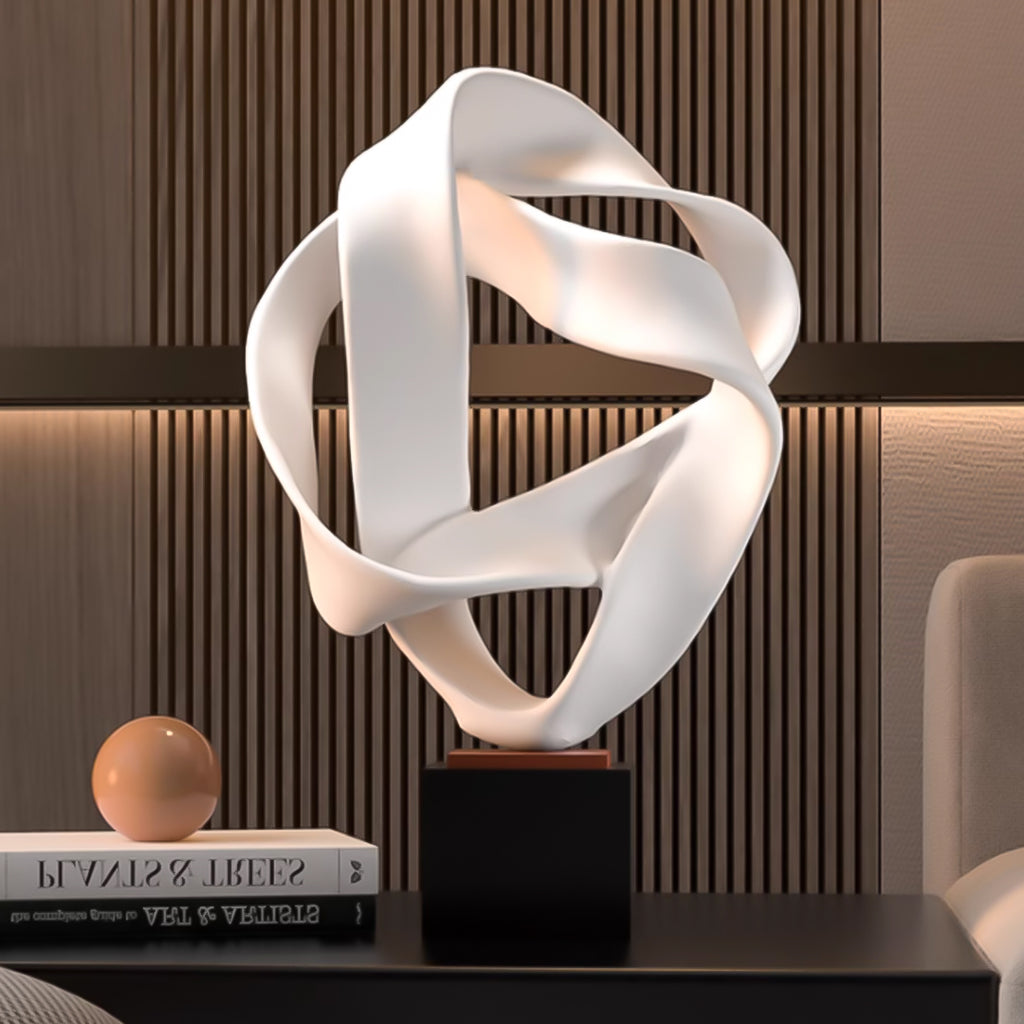SOGA 41cm White Abstract Sculpture Loop-Inspired Art with Black Base