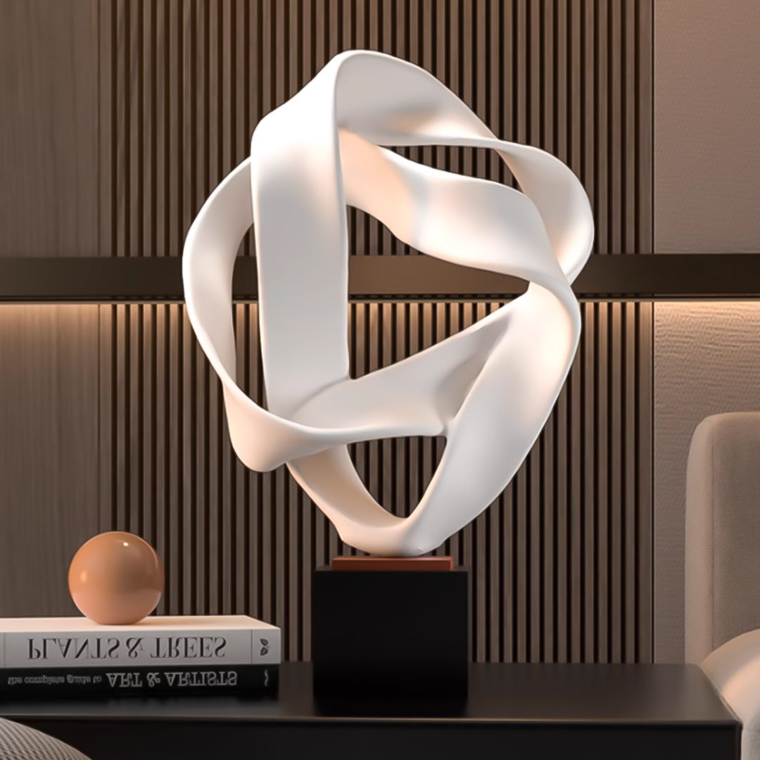 SOGA 41cm White Abstract Sculpture Loop-Inspired Art with Black Base