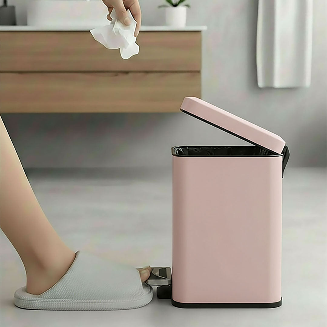 Foot Pedal Stainless Steel Trash Bin Square 6L Pink