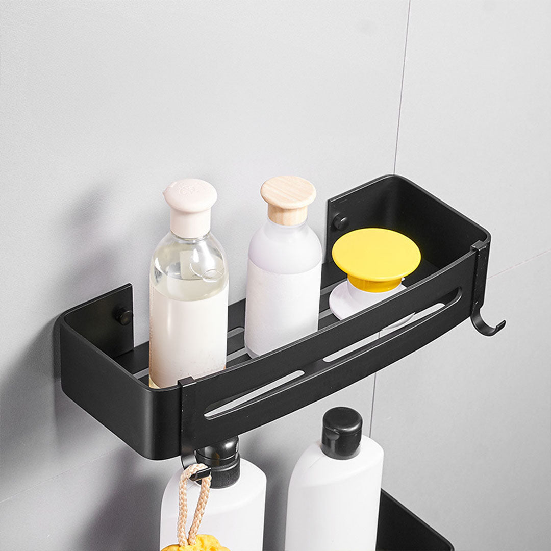 Black Wall-Mounted Rectangular Bathroom Storage Shelf Rack with Hooks