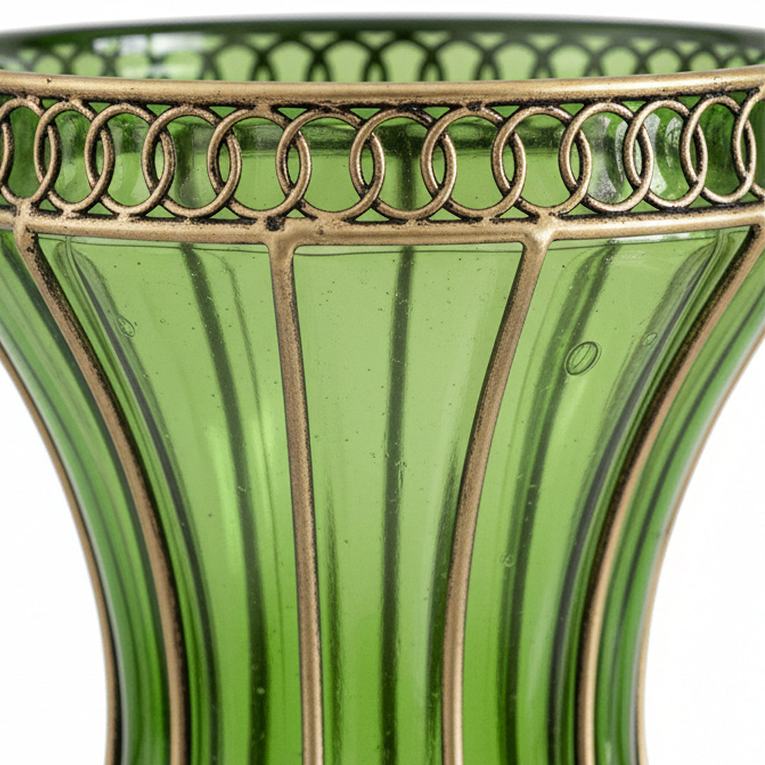 67cm Green Glass Floor Vase with Metal Stand