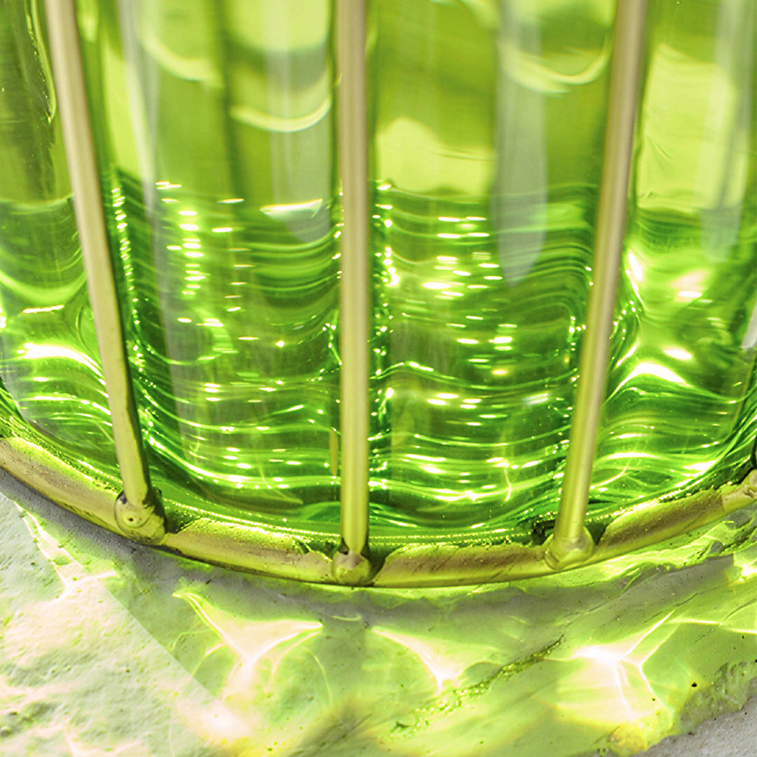 Green Glass Flower Vase with 8 Bunch 5 Heads Artificial Silk Rose Set