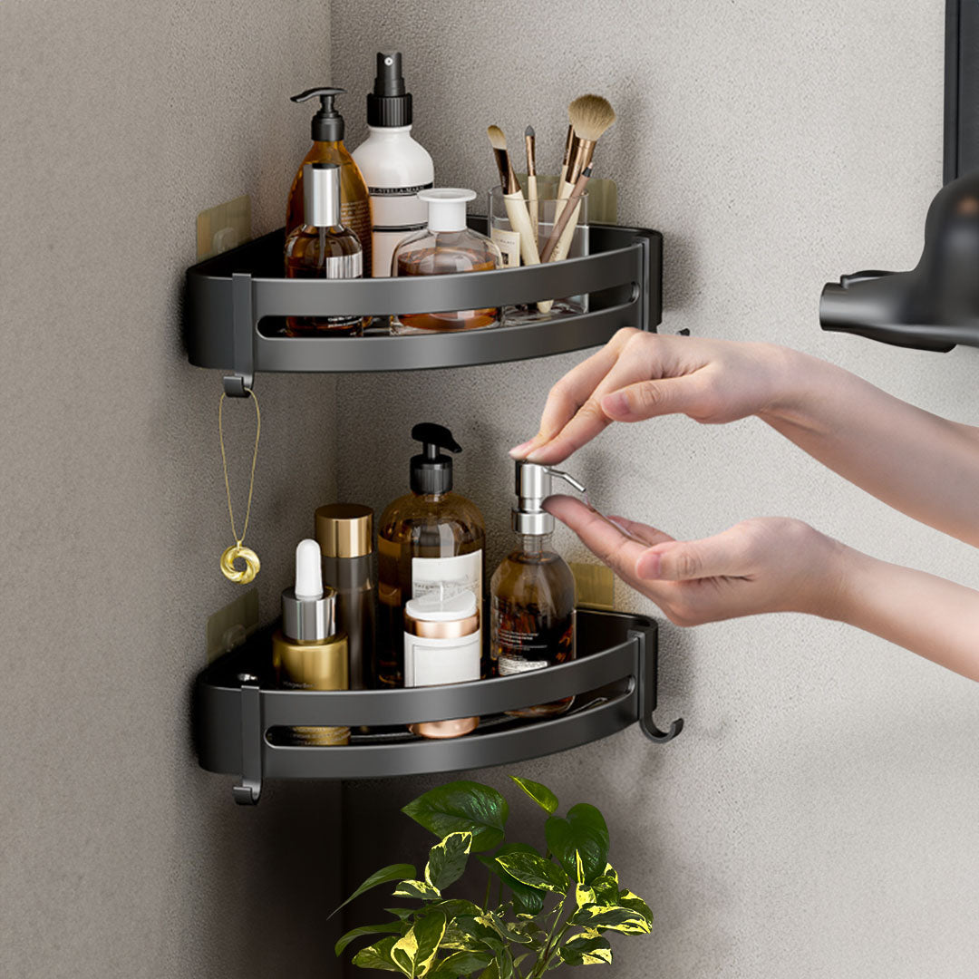 Black Wall-Mounted Triangular Bathroom Storage Rack with Hooks