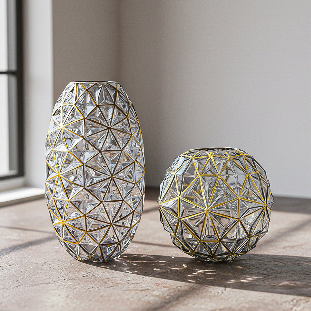 Grey Diamond Cut Glass Flower Vase with Gold Accent