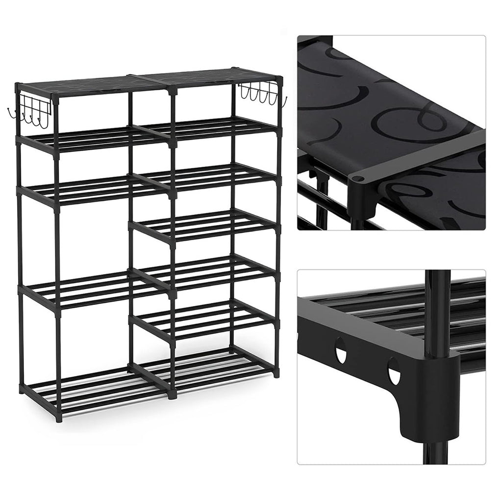 12-Shelf Tier Shoe Storage with Side Hooks Black
