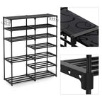 12-Shelf Tier Shoe Storage with Side Hooks Black