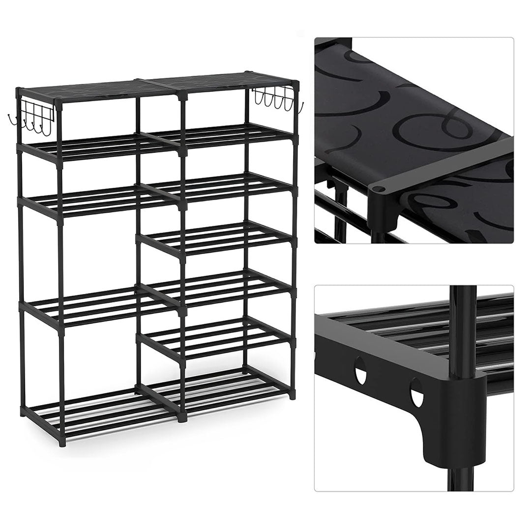 12-Shelf Tier Shoe Storage with Side Hooks Black