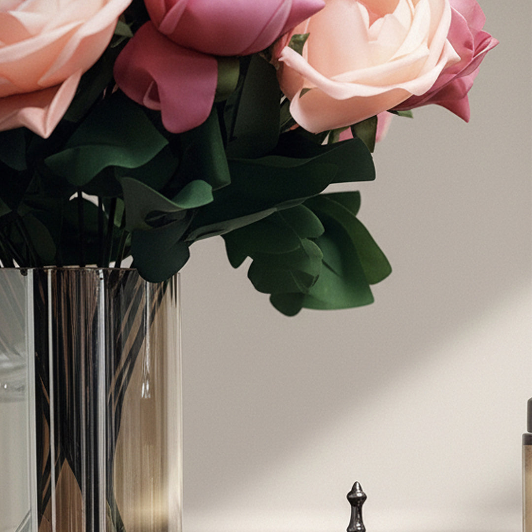 2x Clear Black Glass Vase with Lid and Pink Flower Set