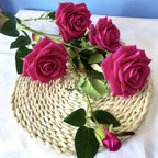Blue Glass Cylinder Flower Vase with 8 Bunch 5 Heads Artificial Silk Rose Set