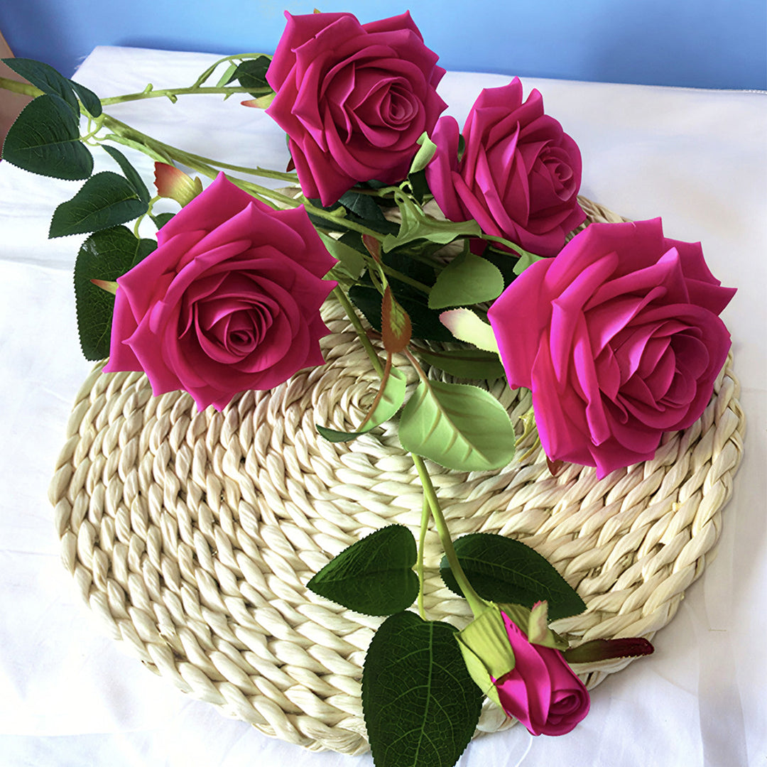 Blue Glass Cylinder Flower Vase with 8 Bunch 5 Heads Artificial Silk Rose Set