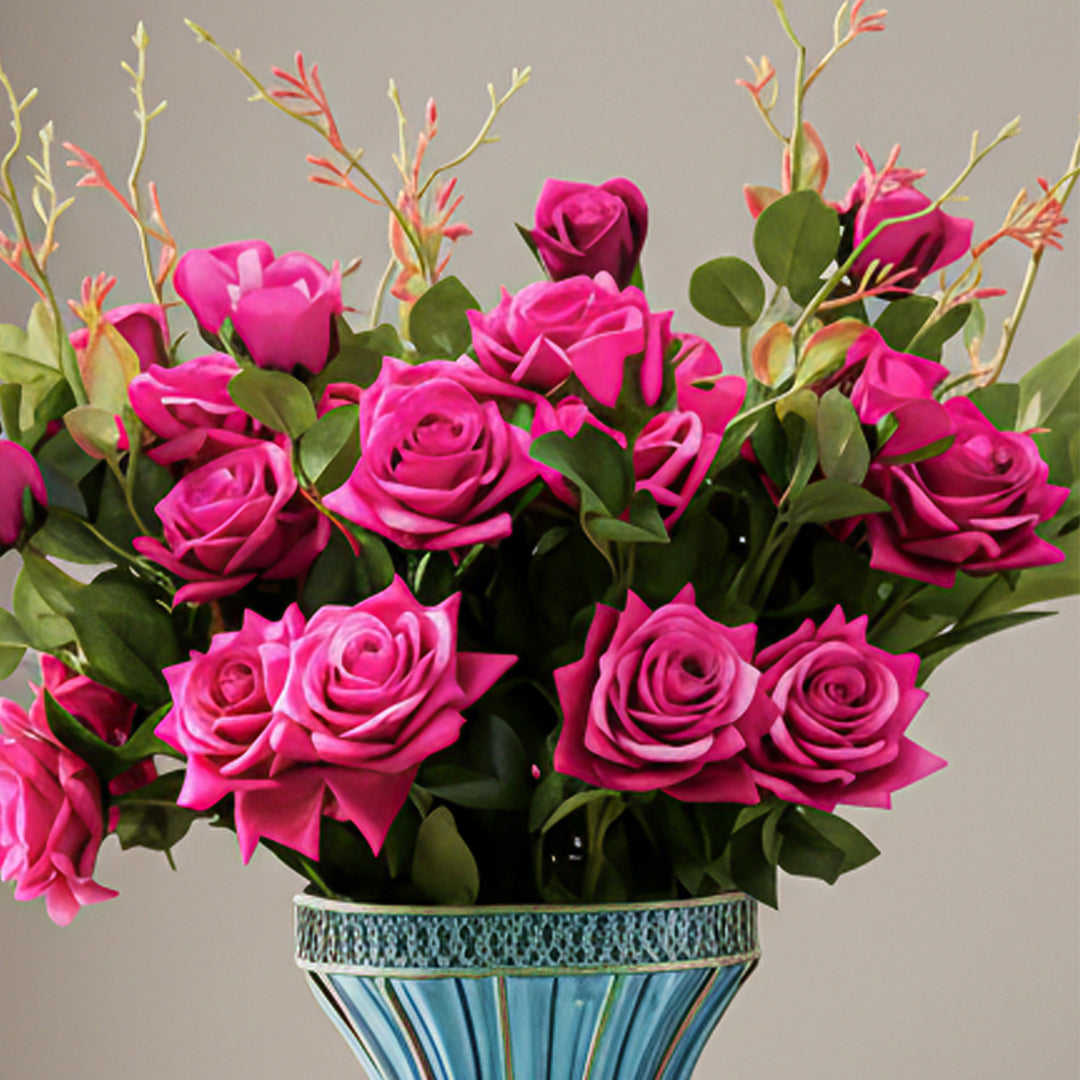 67cm Blue Glass Floor Vase and 12pcs Dark Pink Artificial Flower Set