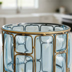 Blue European Glass Flower Vase with Gold Metal Pattern