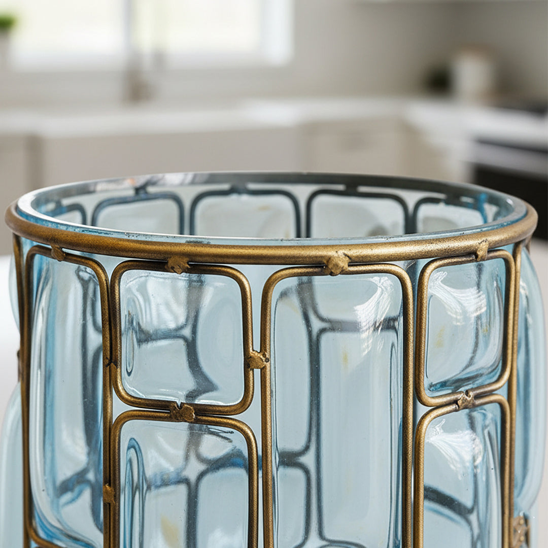 Blue European Glass Flower Vase with Gold Metal Pattern