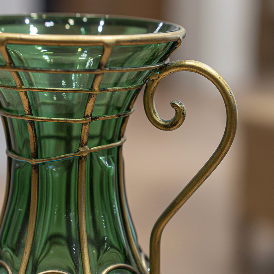 Green European Glass Flower Vase with Two Gold Metal Handle