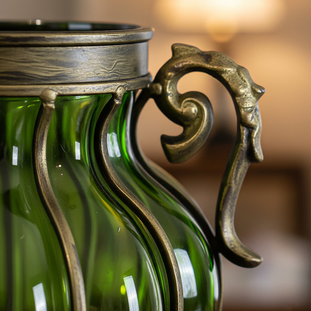 Green European Glass Flower Vase with Two Metal Handle