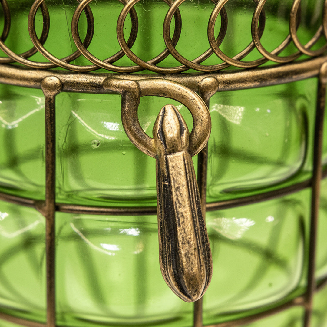 Green European GlassFlower Vase with Metal Handle