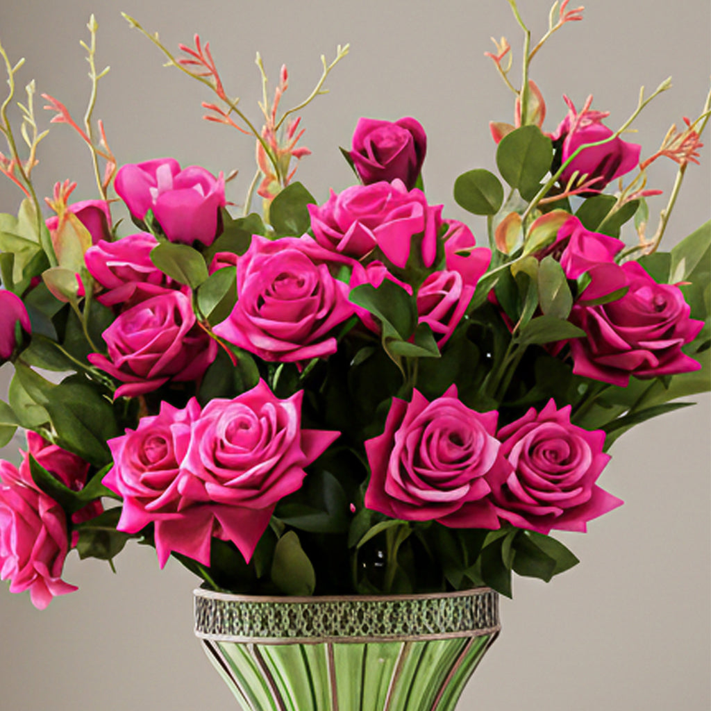 67cm Green Glass Floor Vase and 12pcs Dark Pink Artificial Flower Set