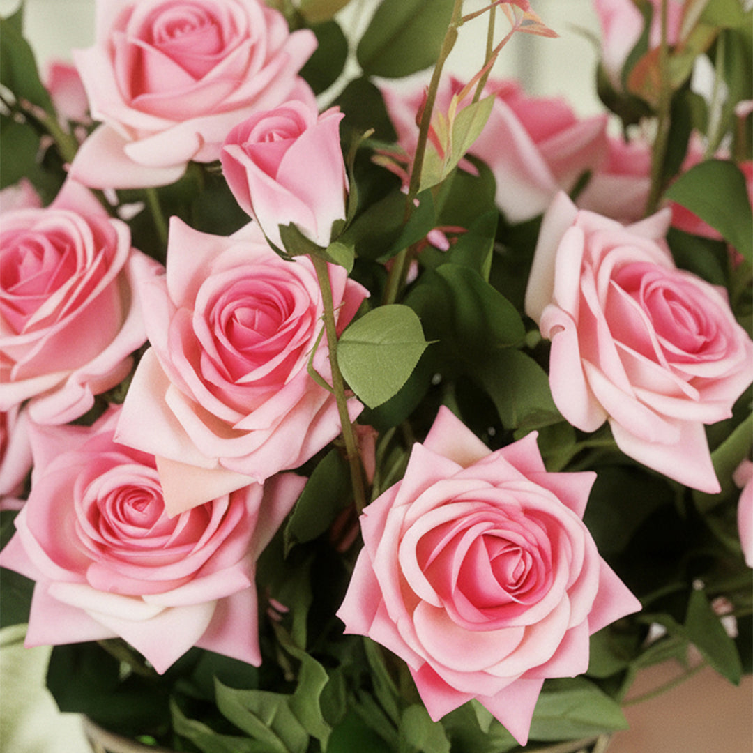 67cm Green Glass Floor Vase and 12pcs Pink Artificial Flower Set