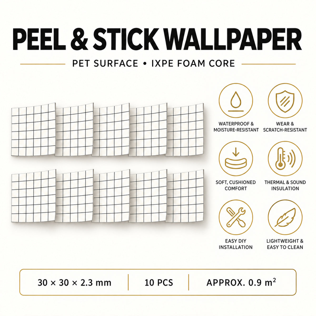 SOGA Peel & Stick Floor and Wall Tiles 30 x 30cm 10 Pack White Grid Tile Look