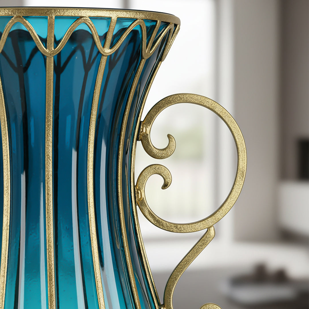 51cm Blue Glass Floor Vase with Metal Stand