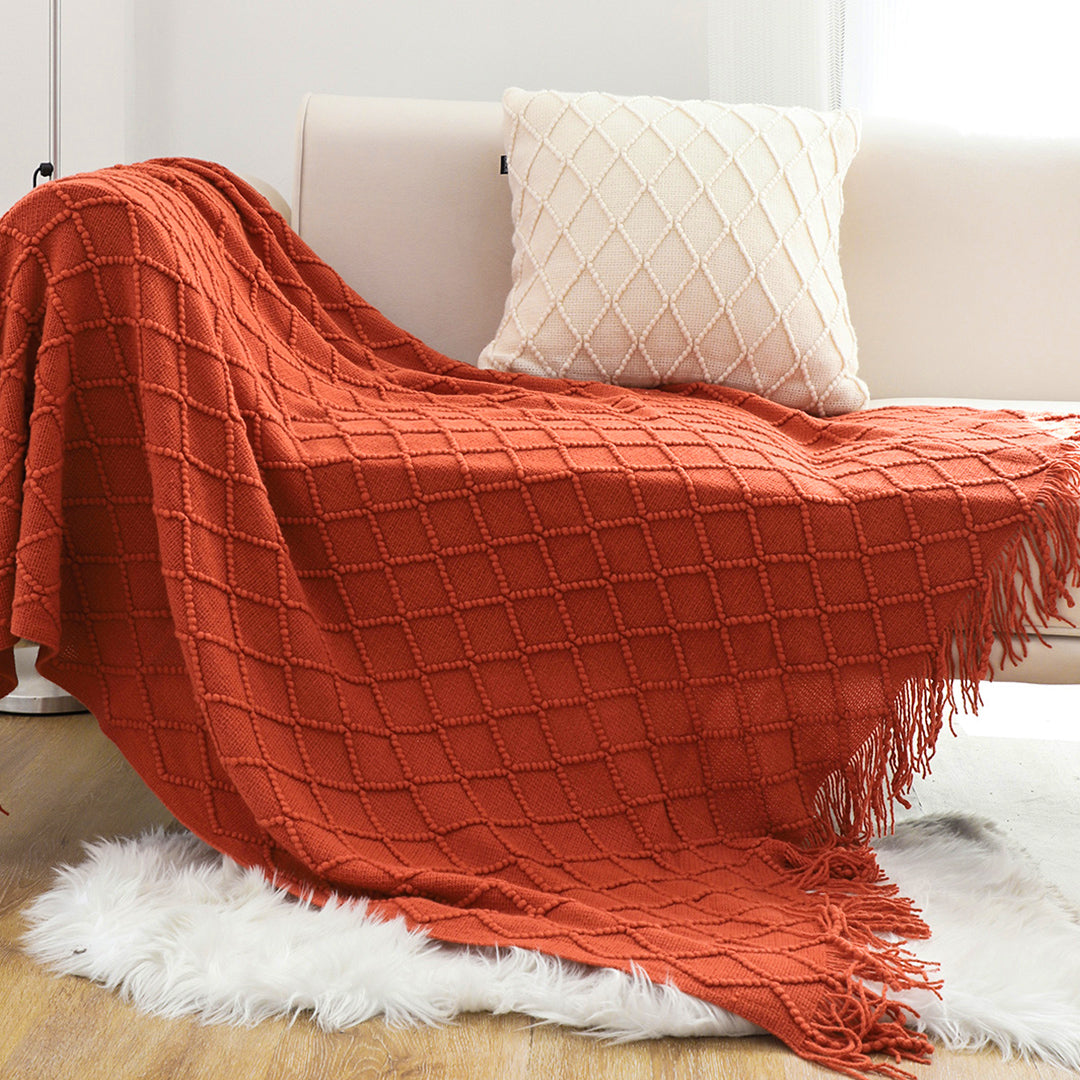 Red Diamond Pattern Knitted Throw Blanket