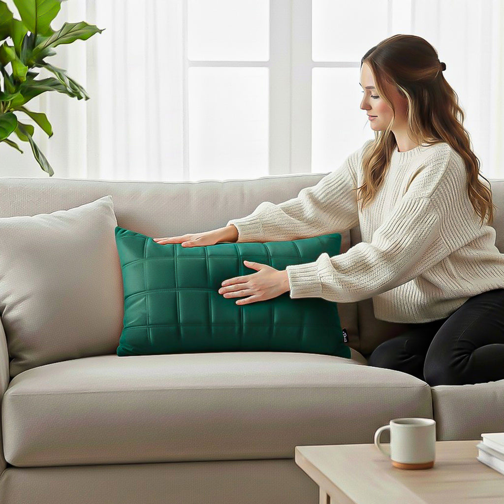 SOGA 30cm Green Velvet Quilted Grid Pattern Decorative Throw Pillow