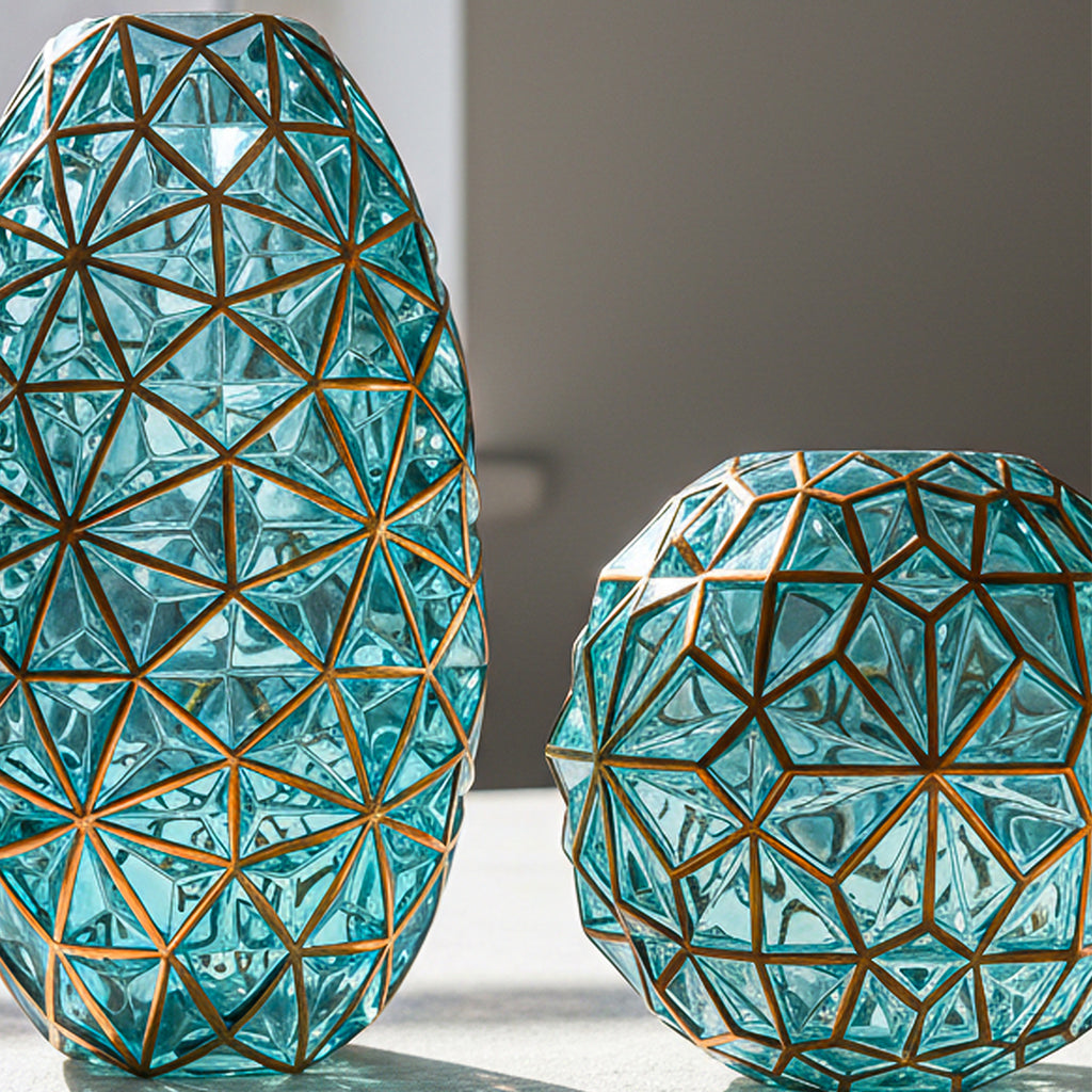 Green Diamond Cut Glass Flower Vase with Gold Accent