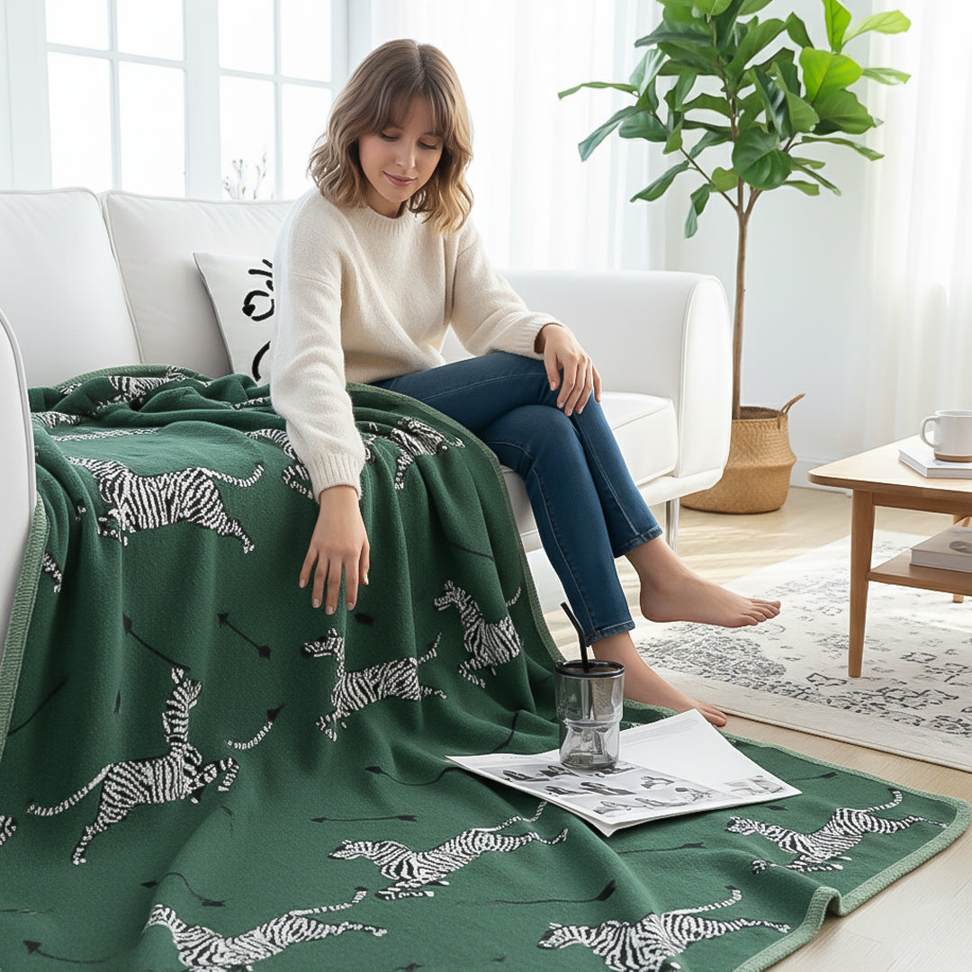 SOGA Olive Green Zebra Print Throw Blanket 130x180cm 100% Cotton