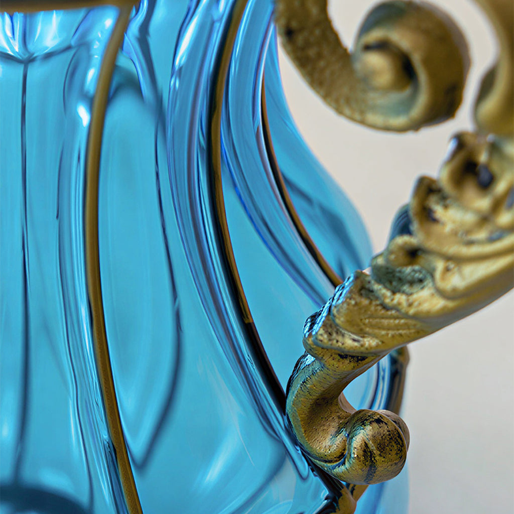 Blue European Glass Flower Vase with Two Metal Handle