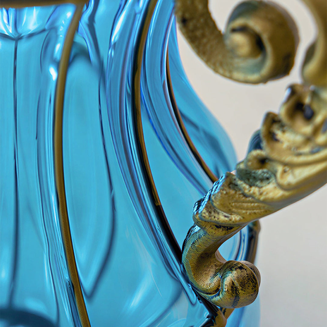 Blue European Glass Flower Vase with Two Metal Handle