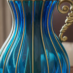 Blue European Glass Flower Vase with Metal Handle