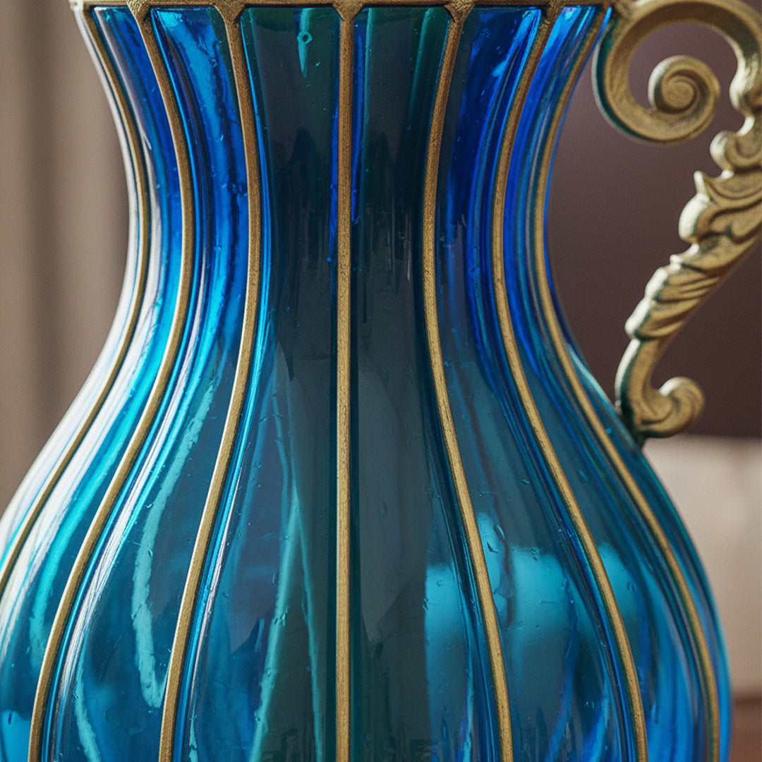 Blue European Glass Flower Vase with Metal Handle