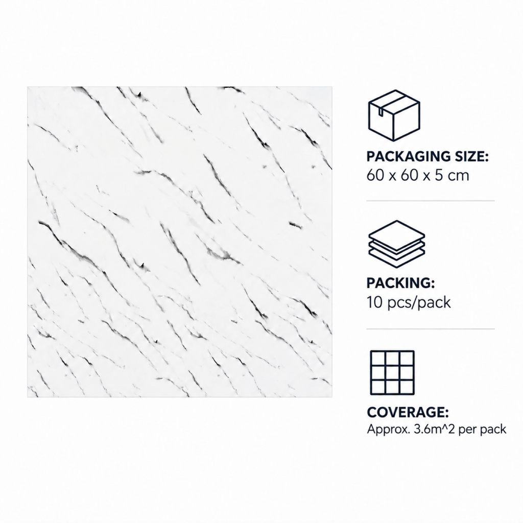 SOGA Peel & Stick Floor and Wall Tiles 60 x 60cm 10 Pack White Faux Marble
