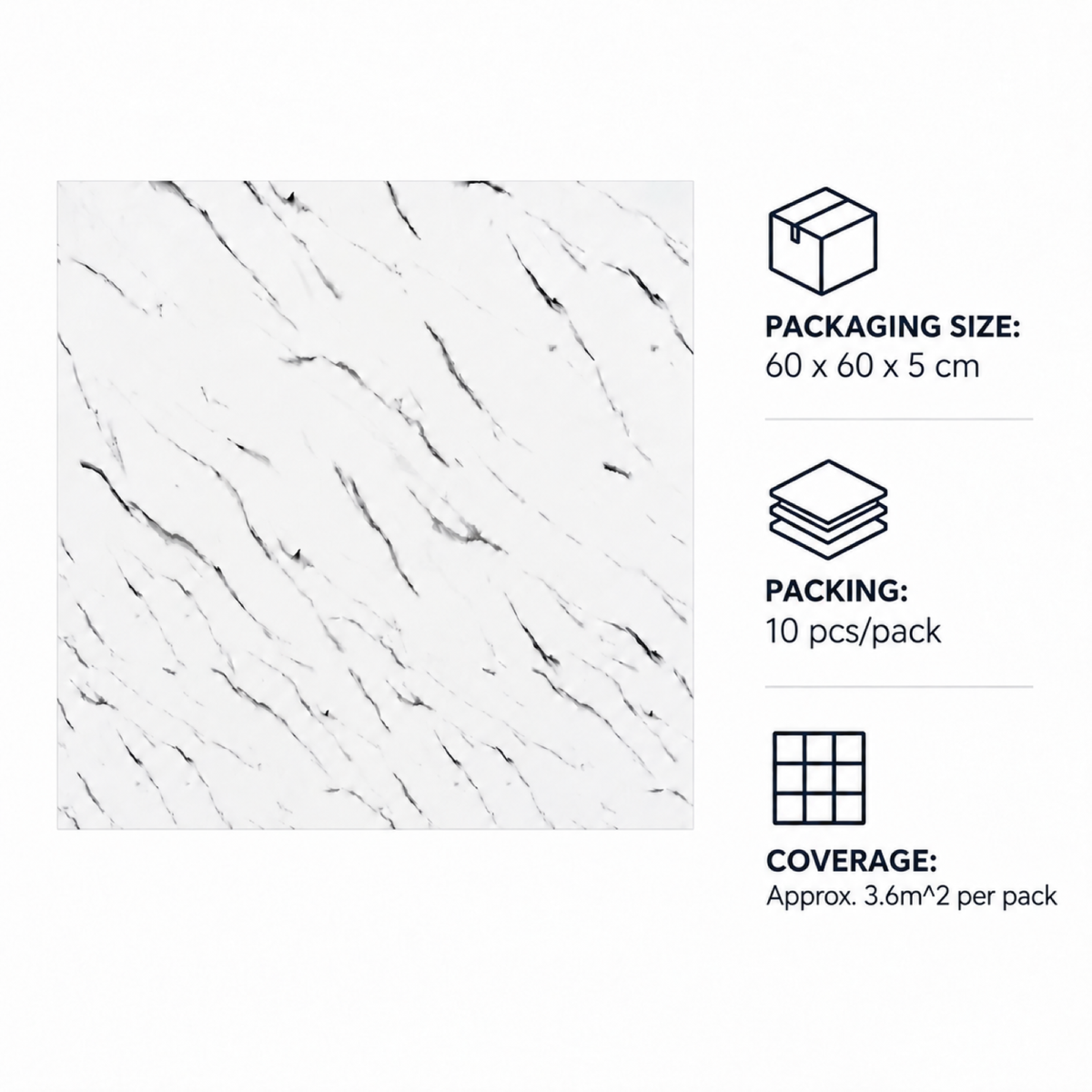 SOGA Peel & Stick Floor and Wall Tiles 60 x 60cm 10 Pack White Faux Marble