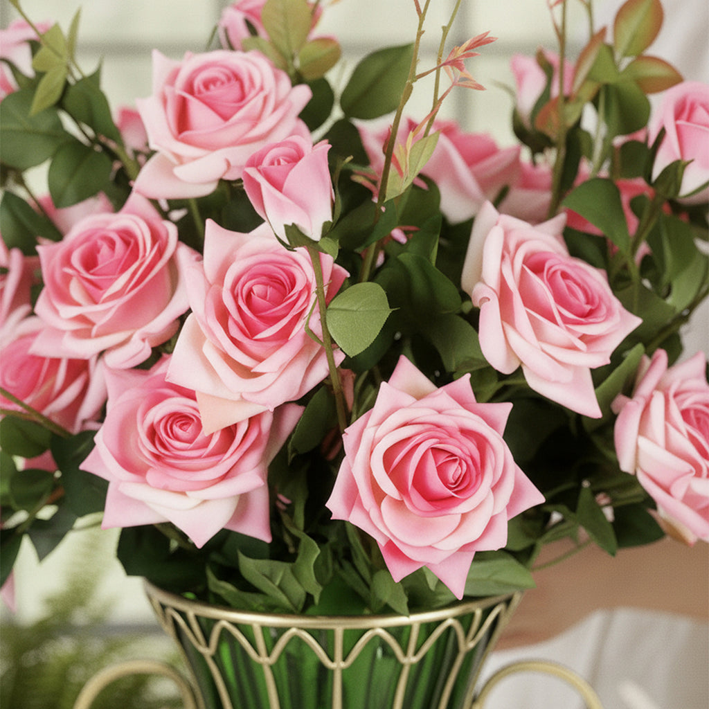 51cm Green Glass Floor Vase with 12pcs Pink Artificial Flower Set