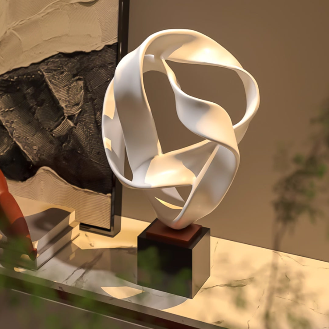 SOGA 41cm White Abstract Sculpture Loop-Inspired Art with Black Base