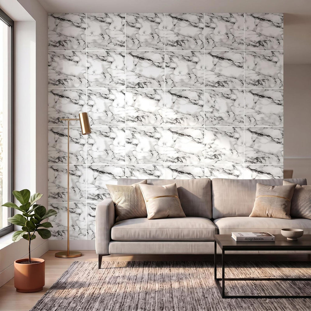 SOGA Peel & Stick Floor and Wall Tiles 60 x 60cm 10 Pack Black White Faux Marble