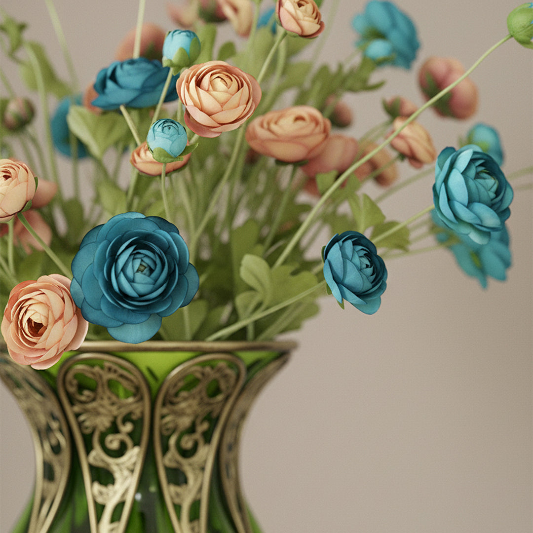 85cm Green Glass Floor Vase and 12pcs Blue Artificial Flower Set