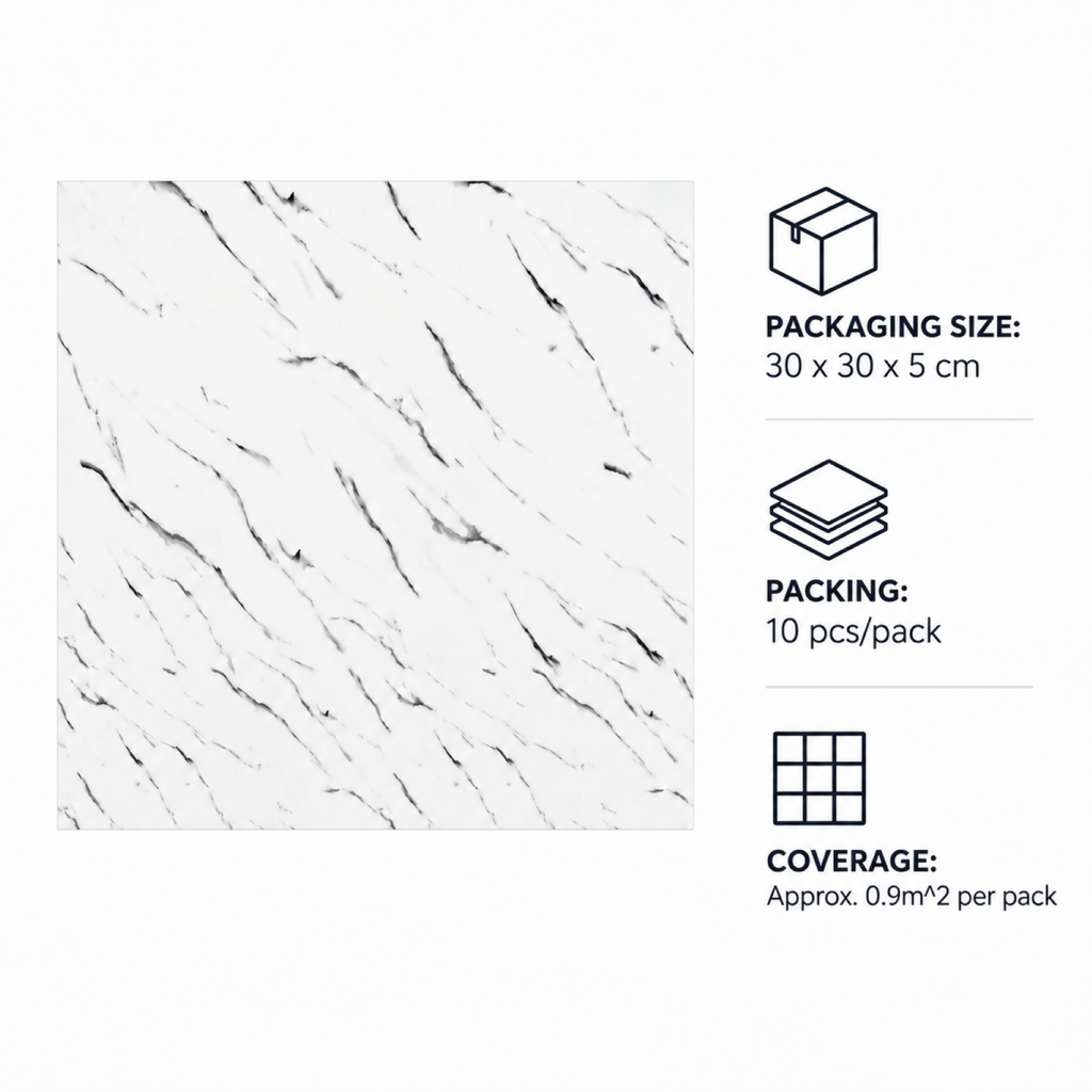 SOGA Peel & Stick Floor and Wall Tiles 30 x 30cm 10 Pack White Faux Marble