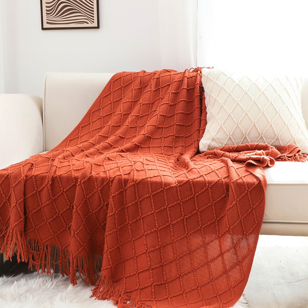 Red Diamond Pattern Knitted Throw Blanket