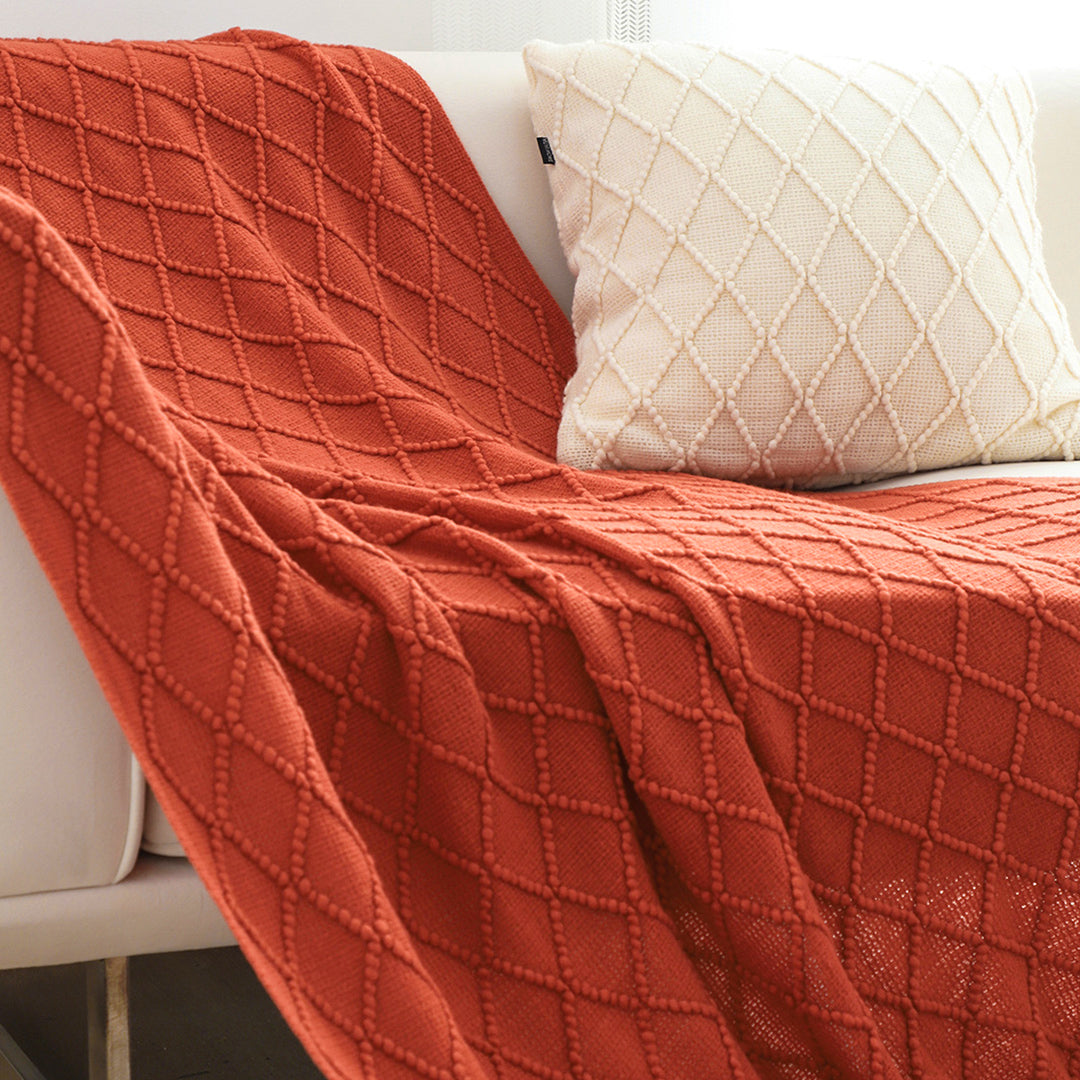 Red Diamond Pattern Knitted Throw Blanket