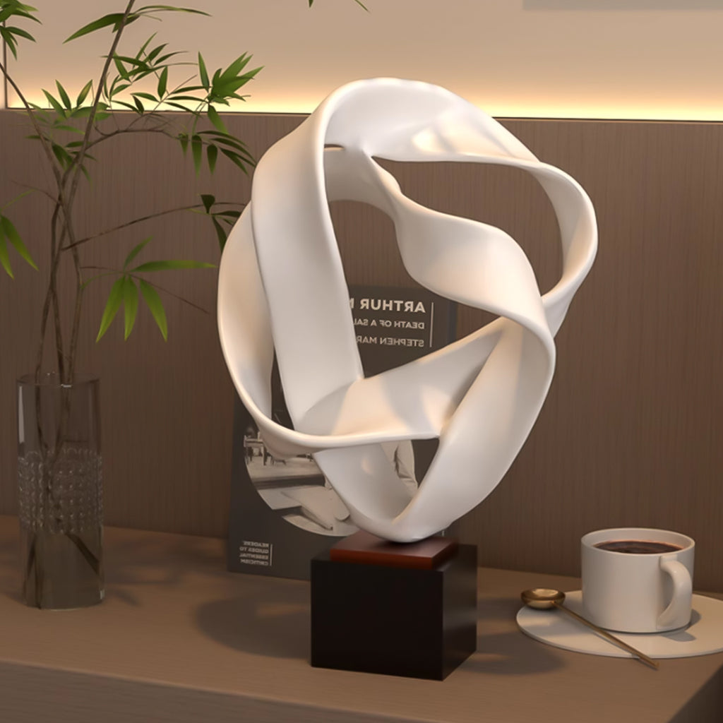 SOGA 41cm White Abstract Sculpture Loop-Inspired Art with Black Base