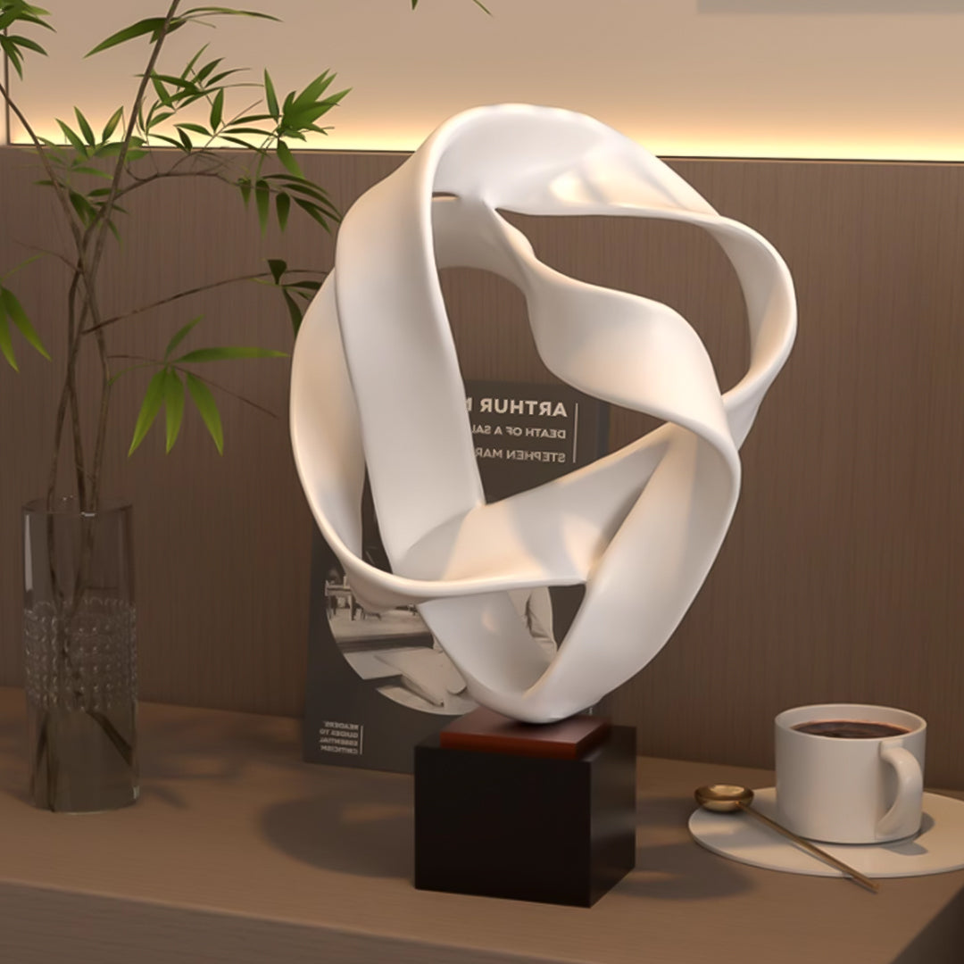 SOGA 41cm White Abstract Sculpture Loop-Inspired Art with Black Base
