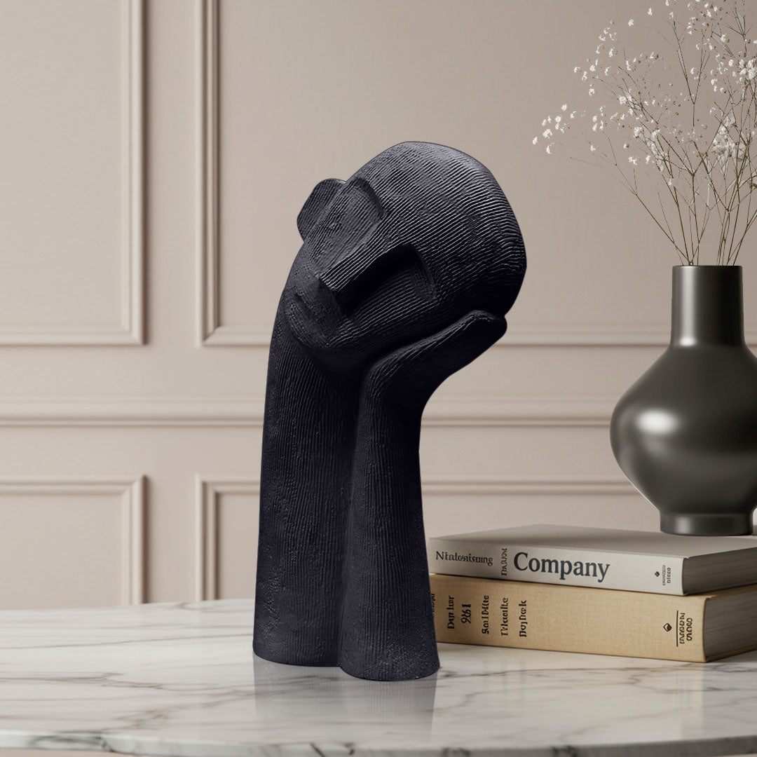 SOGA 38cm Black Minimalist Head Resin Sculpture with Hand at Side and Linear Texture for Home Décor