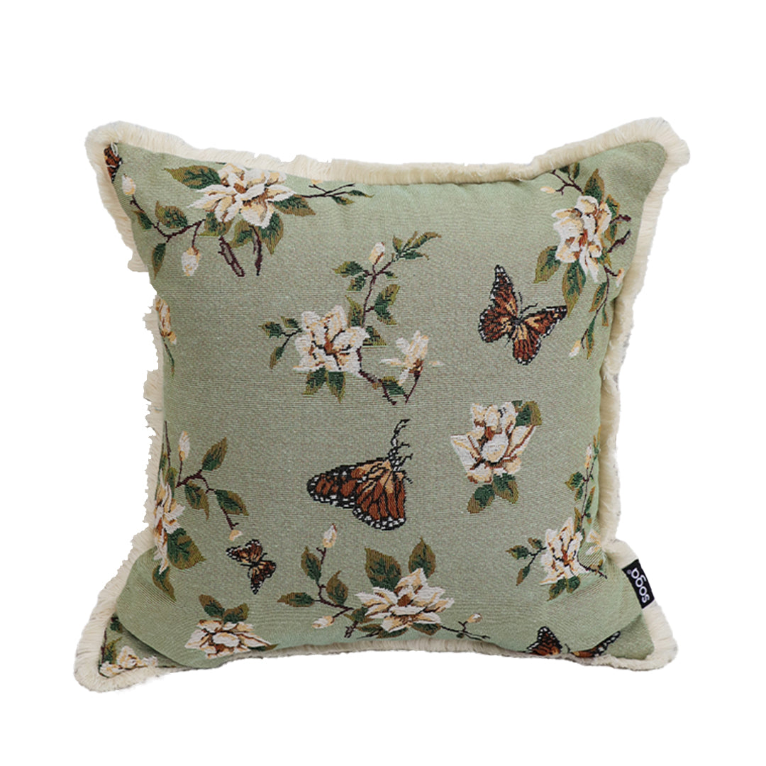 SOGA 45cm Matcha Green French Vintage Butterfly Loves Flowers Tassel Throw pillow
