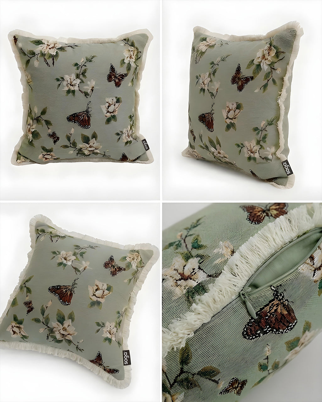 SOGA 45cm Matcha Green French Vintage Butterfly Loves Flowers Tassel Throw pillow