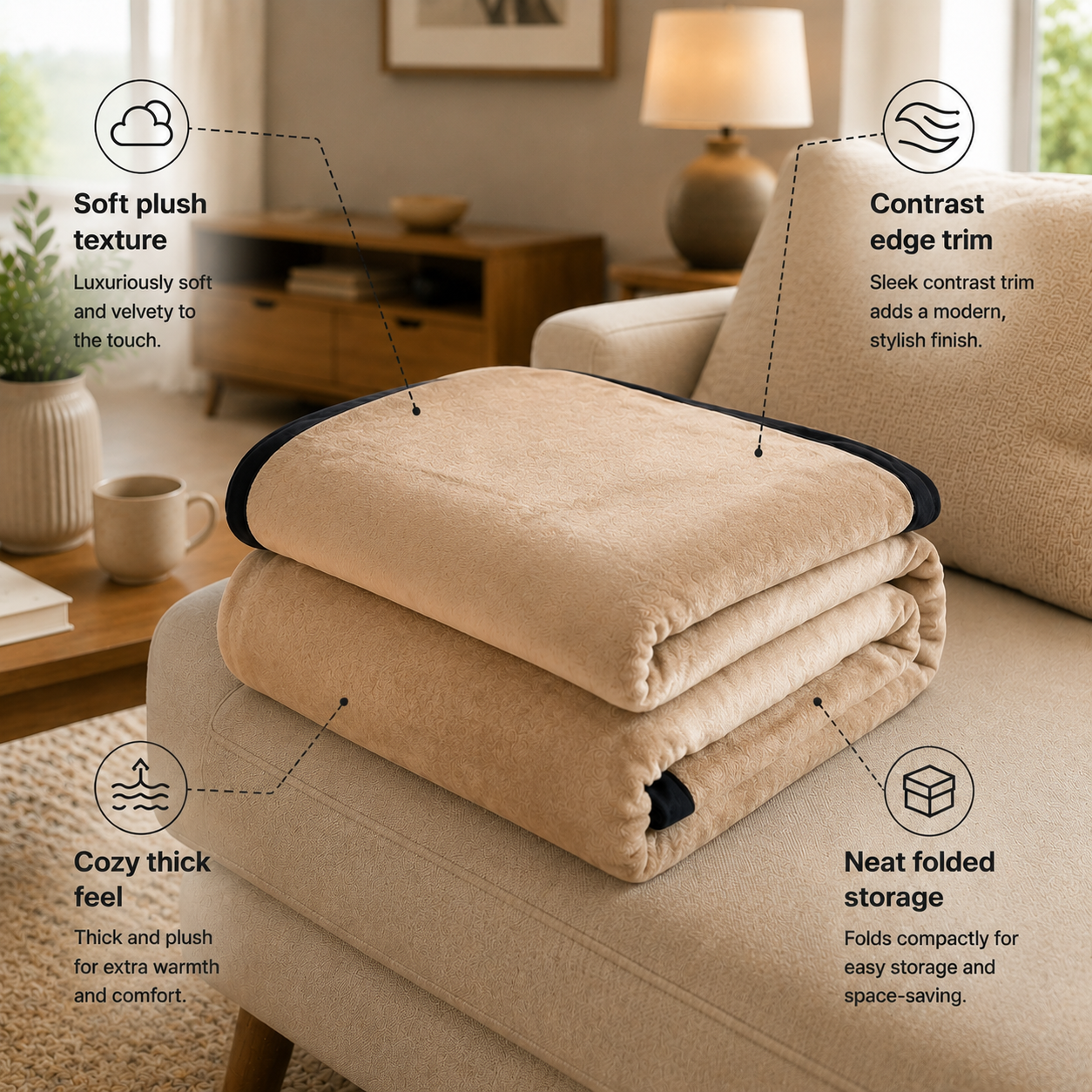SOGA 230x200cm Biege Flannel Polyester Throw Blanket