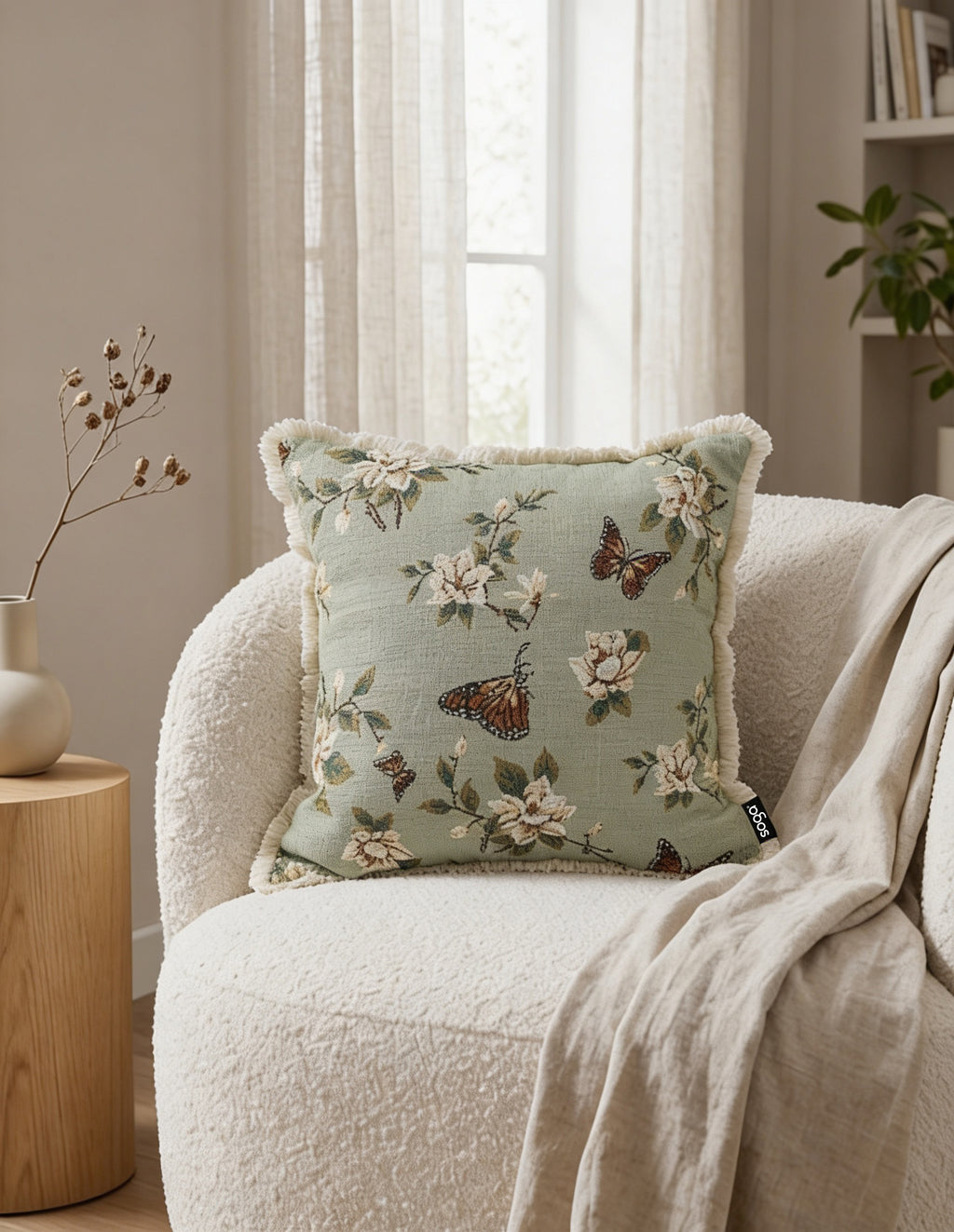 SOGA 45cm Matcha Green French Vintage Butterfly Loves Flowers Tassel Throw pillow