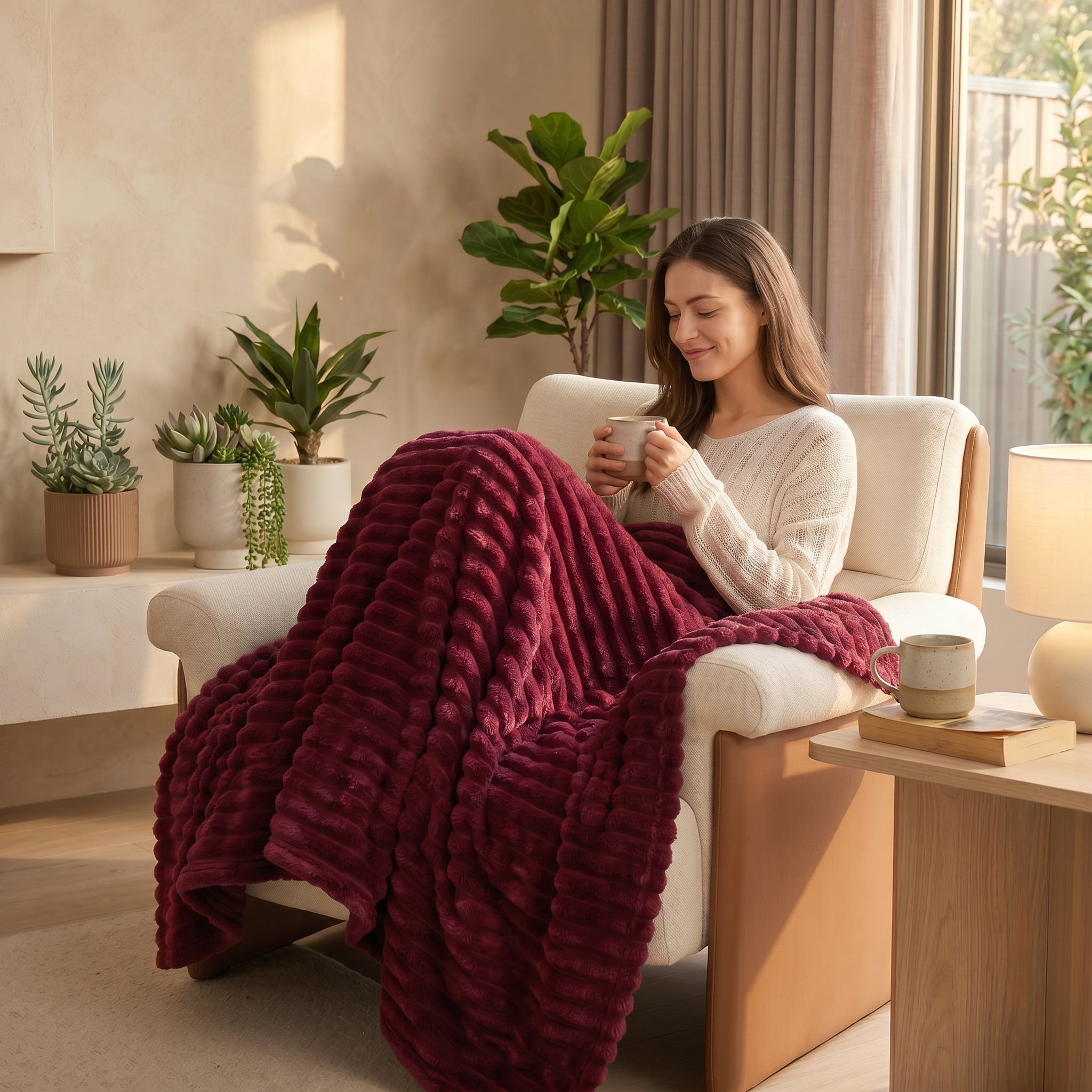 SOGA 150x200cm Burgundy Flannel Polyester Throw Blanket